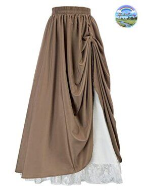Double Layered Renaissance Maxi Skirt A-Line Elastic Waist Lace Trim
